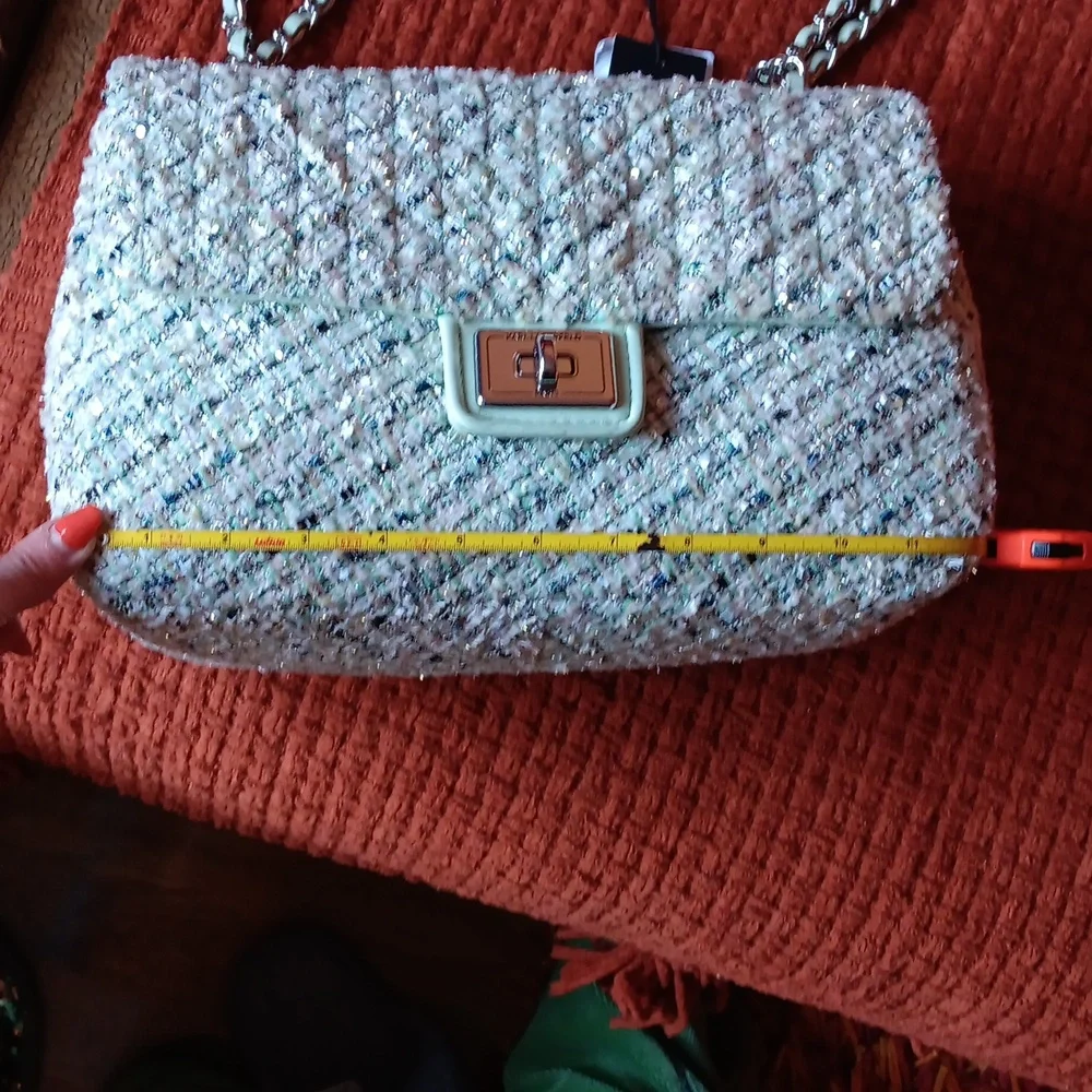 Karl Lagerfeld Paris Tweed Shoulder Bag in Mist Green - Picture 12 of 14